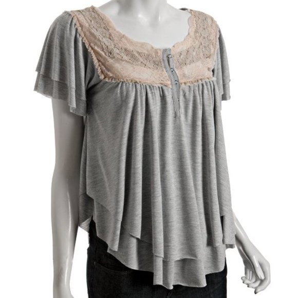 Free People Tops - Free People Gray Layers & Lace Tiered Henley Top